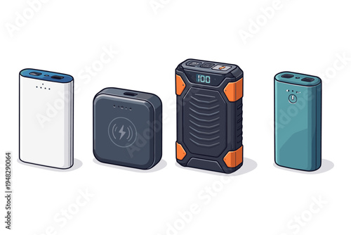 Collection of diverse portable power bank chargers for electronic devices on white background