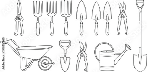 Large collection of minimalist garden tools including wheelbarrow, watering can, shovels and shears, farming equipment line art vector illustration, concept