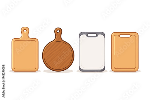 Collection of four diverse cutting boards in cartoon style on white background