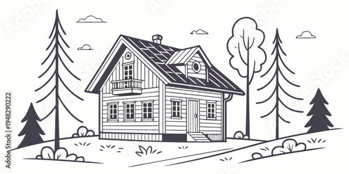 a house with trees and a dog in the yard Vector