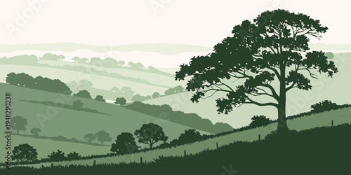 a large tree on a hill overlooking a green valley Vector