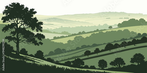 a serene landscape with rolling hills and a tree Vector