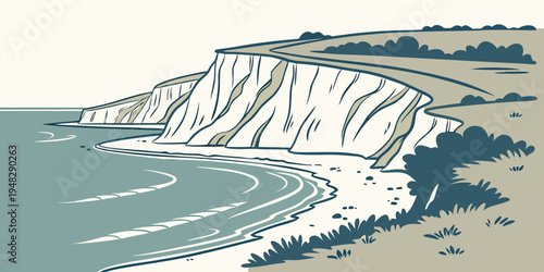 a large white cliff next to a body of water Vector