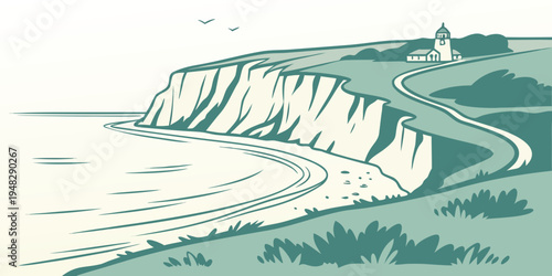 a scenic cliffside road with a body of water Vector