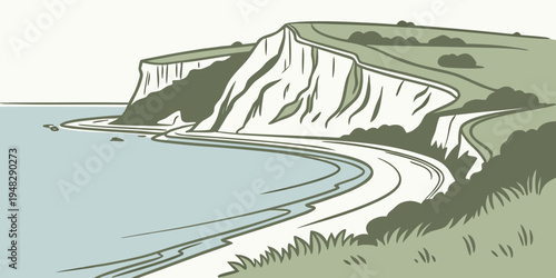 a scenic cliffside by the ocean with a winding path Vector