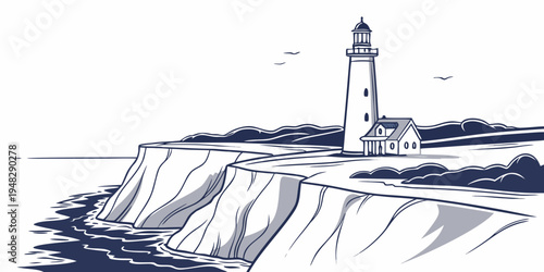 a lighthouse on a rocky cliff by the sea Vector