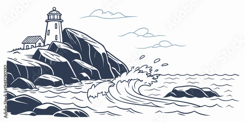 a lighthouse on a rocky coastline with waves crashing Vector