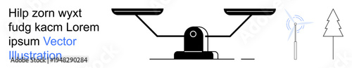 Sustainability, renewable energy, environmental conservation, decision-making, eco-friendly practices, balancing resources. A balance scale with a wind turbine and tree. Sustainability and renewable