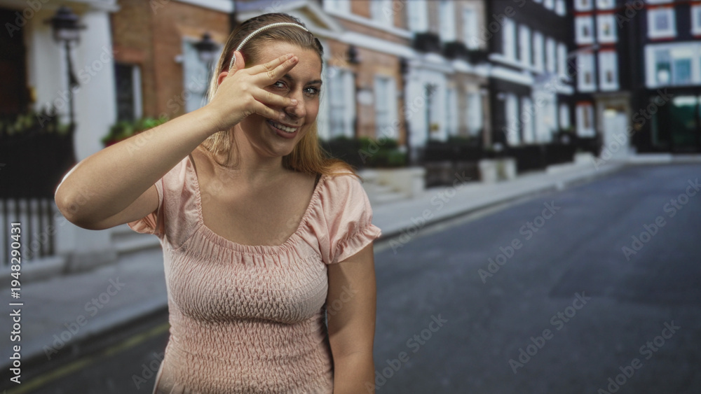 Fototapeta premium Woman covers eyes with hand on quiet residential street wearing pink smocked top and headband, smiling and peeking between fingers; playful curiosity.