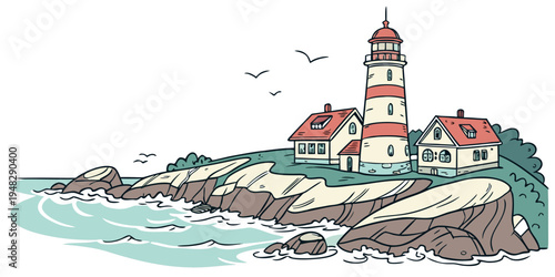 A picturesque lighthouse on a rocky coastline Vector