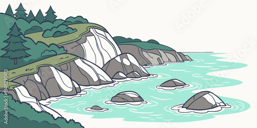a rocky coastline with trees on a hill Vector