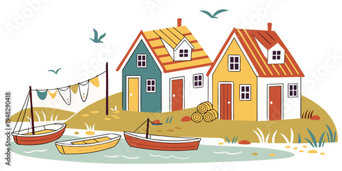 a colorful illustration of two houses on a small island Vector