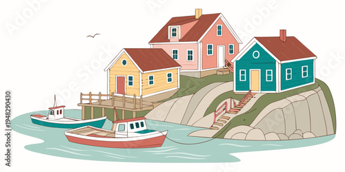 a small village with houses and boats by the sea Vector