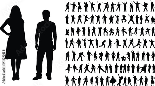 Large collection of people silhouettes in various poses, standing man and woman, tiny human figures dancing and walking, vector illustration isolated, 19 words