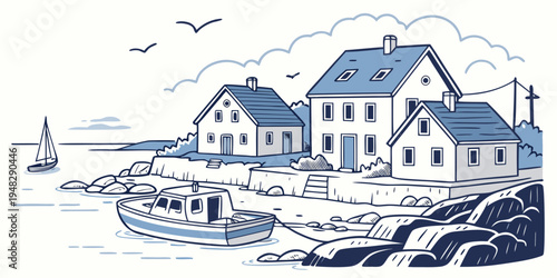 a blue and white drawing of a house by the sea Vector