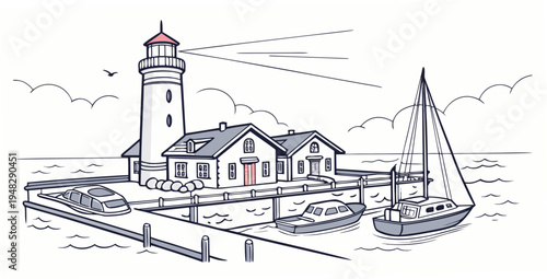 a lighthouse and a sailboat on the water Vector