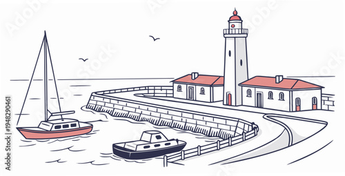 a small harbor with a lighthouse and boats Vector