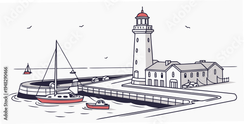 a lighthouse next to a dock and a sailboat Vector