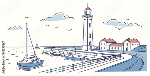 a lighthouse next to a dock with a sailboat Vector