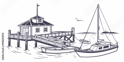 a small sailboat next to a pier and a boathouse Vector