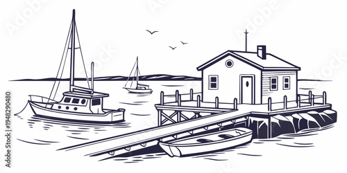 a small house on a dock with boats in the water Vector