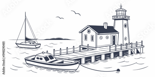 a lighthouse and a pier with a boat and a sailboat Vector