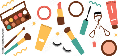 Women cosmetic products beauty set including mascara lipstick eye shadows brush concealer lip gloss sponge trendy hand drawn doodle style