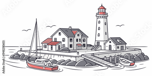 a small lighthouse next to buildings and a boat on a pier Vector