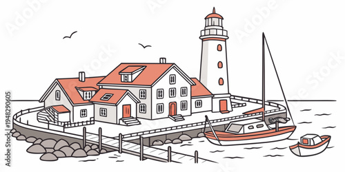 a small lighthouse next to a sailboat and buildings Vector