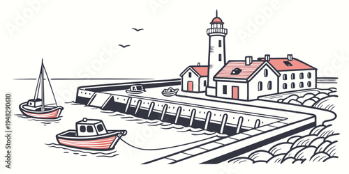 a small town with a lighthouse and boats Vector