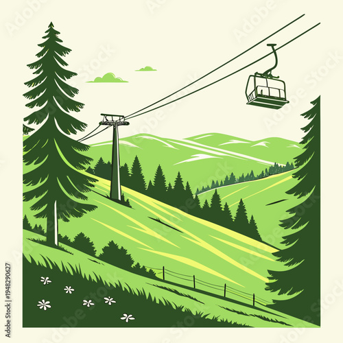a ski lift on a green mountain slope with trees Vector