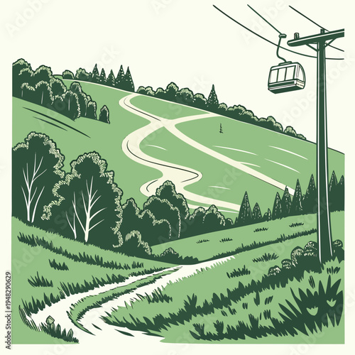 a green ski resort with a chairlift and winding trails Vector