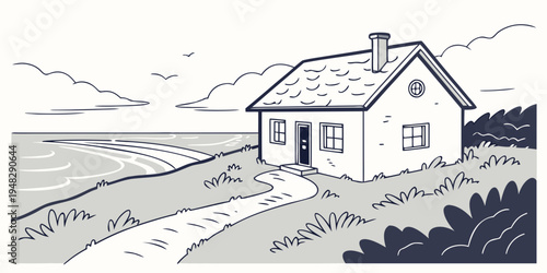 a small house on a hill overlooking the ocean Vector