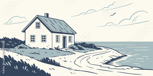 a white house on a sandy beach by the sea Vector