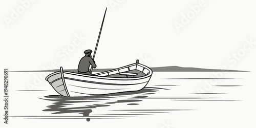 man in a small boat on the water with a fishing rod Vector