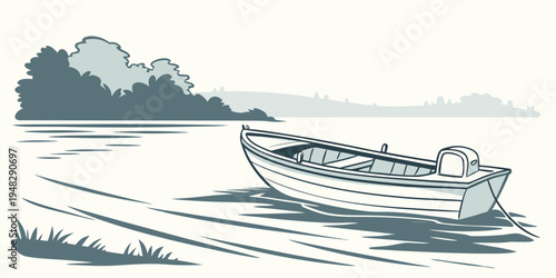 a small boat on the water with a cloudy sky Vector
