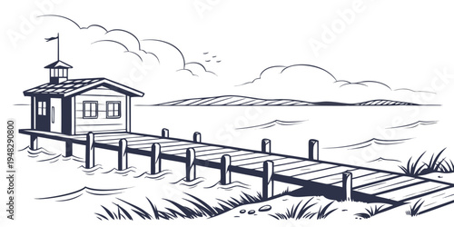 a small house on a pier by the water Vector