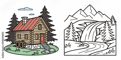 a house with a red roof and a waterfall in the background Vector