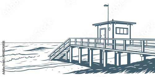 a small pier with a building on top Vector