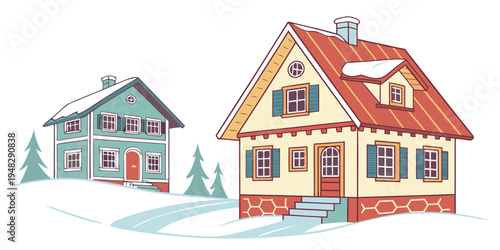 two houses on a snowy street in a residential area Vector