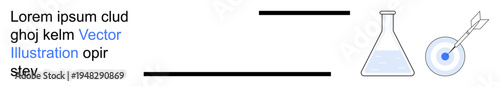 Science, research, innovation, goal-setting, precision, analytical thinking. A laboratory flask with liquid and a target with an arrow. Science and research precision and goal achievement