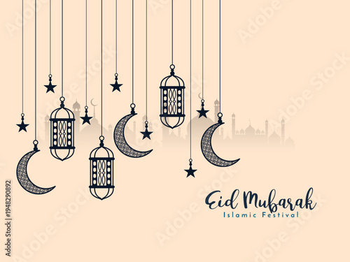 Elegant festive eid mubarak greeting card or banner template featuring traditional islamic lanterns with intricate details and crescent moons and stars gracefully suspended from above, creating a beau