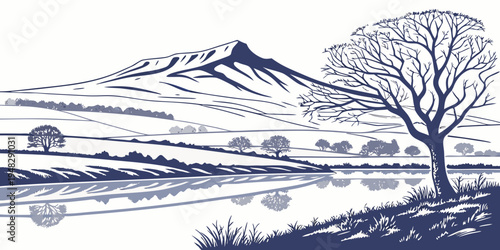 a tree stands alone in a serene landscape Vector