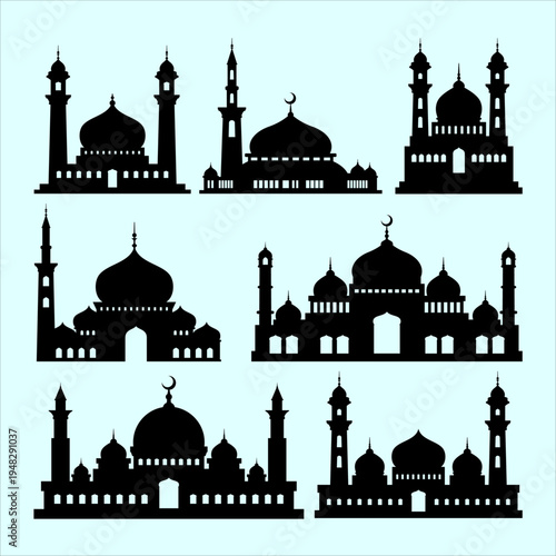 A diverse and comprehensive collection of elegant mosque silhouettes, meticulously designed to represent various Islamic architectural styles, featuring distinct domes and graceful minarets, an invalu