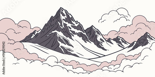 a mountain range with snow and clouds Vector