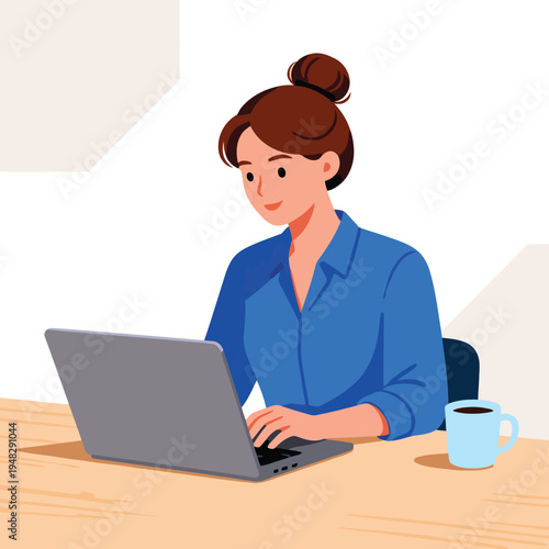 Focused young woman working diligently on a laptop at her desk, representing remote productivity, online education, and modern digital work concepts. Ideal for technology and business