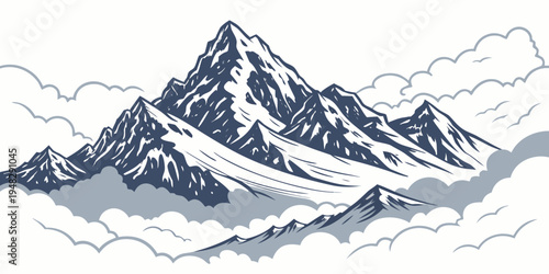snowy mountain range with clouds Vector