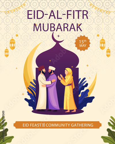 A vibrant and spiritually uplifting illustration captures the essence of eid al-fitr mubarak, showcasing a heartwarming community gathering where muslim individuals exchange greetings and blessings be