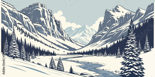 snowy mountain landscape with trees and river Vector