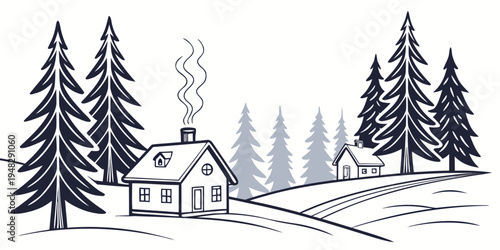 a small house in a snowy forest with smoke coming out of the chimney Vector